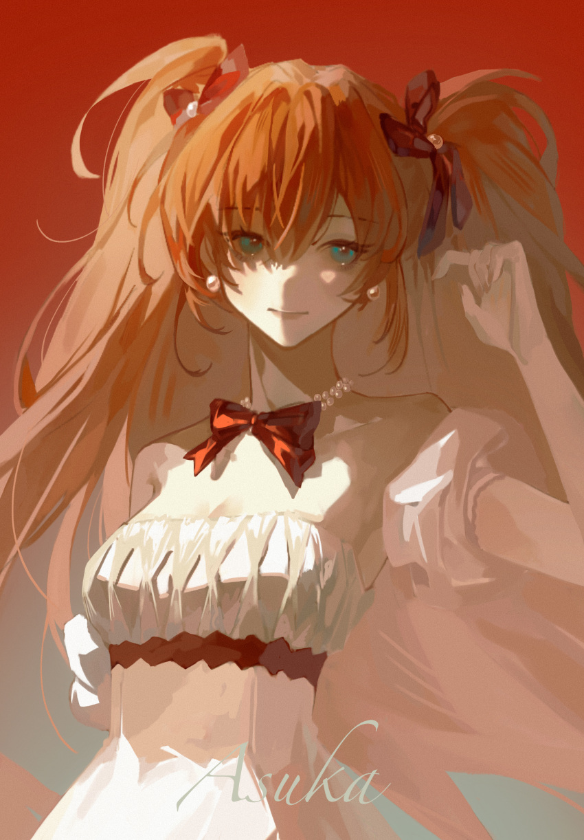 1girl absurdres alternate_costume bare_shoulders bead_necklace beads blue_eyes bow bowtie character_name collarbone detached_sleeves dress earrings hair_between_eyes hair_bow hand_up highres jewelry long_hair necklace neon_genesis_evangelion orange_hair pearl_earrings red_background red_bow red_bowtie simple_background solo souryuu_asuka_langley strapless strapless_dress two_side_up upper_body white_dress xihe234957