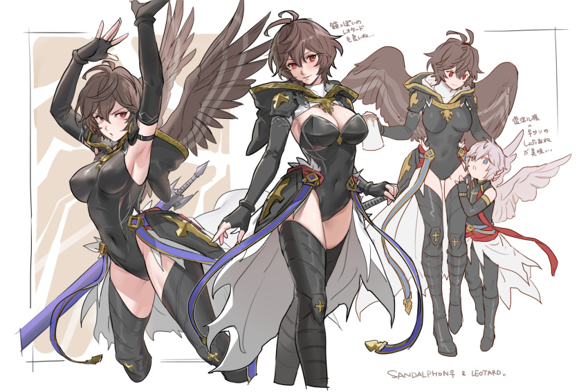 1boy 1girl age_difference aged_down ahoge armor armpits belt black_thighhighs blue_belt blue_eyes boots breasts brown_hair brown_wings cape cleavage cleavage_cutout clothing_cutout coffee_pot commentary commentary_request covered_navel english_text feathered_wings fingerless_gloves full_body genderswap genderswap_(mtf) gloves granblue_fantasy hair_between_eyes highres hood hood_down jewelry large_breasts leotard light_smile lucifer_(shingeki_no_bahamut) multiple_views onee-shota parted_lips red_eyes sandalphon_(granblue_fantasy) short_hair sideboob sword thigh_boots thighhighs tki translation_request turtleneck weapon white_background white_cape white_hair white_wings wings