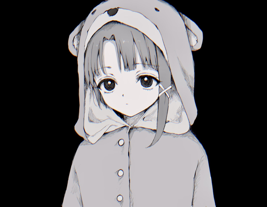 1girl animal_costume asymmetrical_hair bear_costume black_background expressionless greyscale hair_ornament highres iwakura_lain looking_at_viewer monochrome serial_experiments_lain short_hair simple_background single_sidelock solo x_hair_ornament yuyuyuyhz