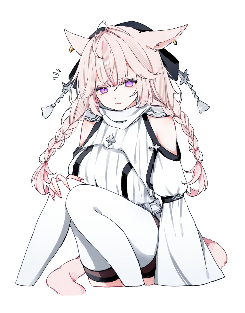 1girl absurdres animal_ears blonde_hair braid cat_ears cat_tail clothing_cutout earrings final_fantasy final_fantasy_xiv highres jewelry long_hair looking_at_viewer miqo'te purple_eyes sana_(sanamaru_0w0) shoulder_cutout slit_pupils solo tail thighhighs twin_braids white_background white_thighhighs