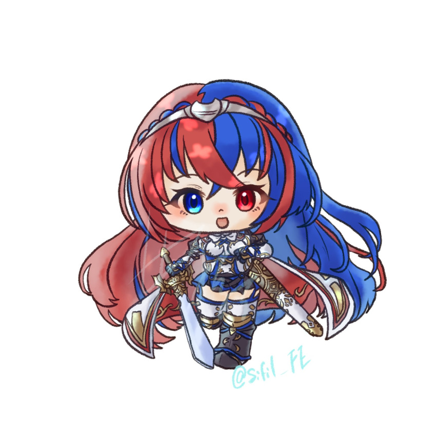 1girl alear_(female)_(fire_emblem) alear_(fire_emblem) blue_eyes blue_hair braid crossed_bangs crown_braid fire_emblem fire_emblem_engage heterochromia highres long_hair multicolored_hair red_eyes red_hair sifil_amfr split-color_hair tiara two-tone_hair very_long_hair white_background