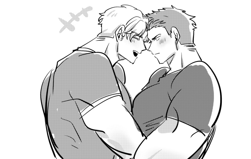 2boys ao_isami bara blush couple facial_hair forehead-to-forehead from_side greyscale happy heads_together large_pectorals laughing lewis_smith male_focus medium_sideburns monochrome multiple_boys muscular muscular_male paya_genko_man pectoral_docking pectoral_press pectorals sideburns_stubble sketch stubble thick_eyebrows upper_body yaoi yuuki_bakuhatsu_bang_bravern