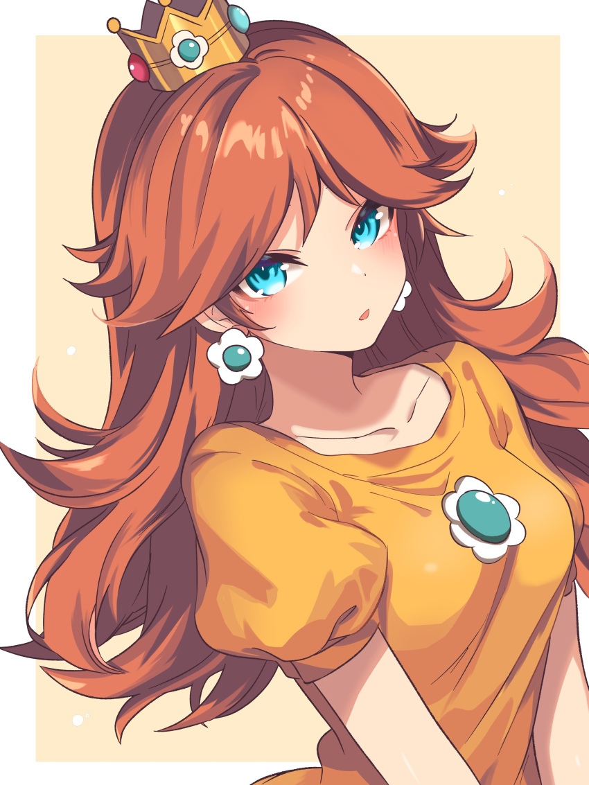 1girl absurdres blue_eyes brown_hair collarbone crown dress earrings flower_brooch flower_earrings highres jewelry long_hair looking_at_viewer mario_(series) open_mouth orange_dress princess_daisy puffy_short_sleeves puffy_sleeves ryu160303 short_sleeves solo upper_body