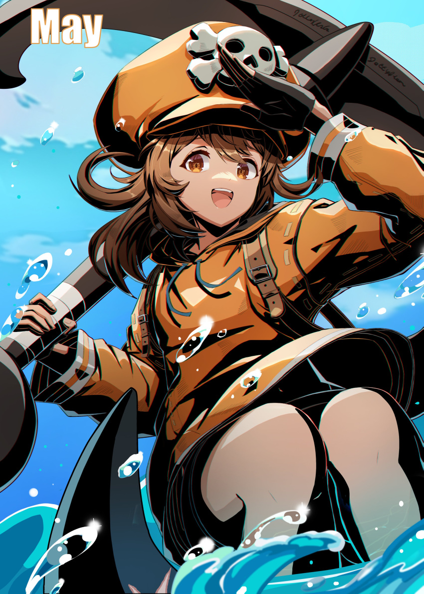 1girl :d absurdres anchor black_gloves brown_eyes brown_hair cabbie_hat character_name fingerless_gloves gloves guilty_gear guilty_gear_strive hat highres holding holding_anchor jacket kumolin33 long_hair long_sleeves looking_at_viewer may_(guilty_gear) open_mouth orange_hat orange_jacket salute skull_and_crossbones smile solo teeth upper_teeth_only water