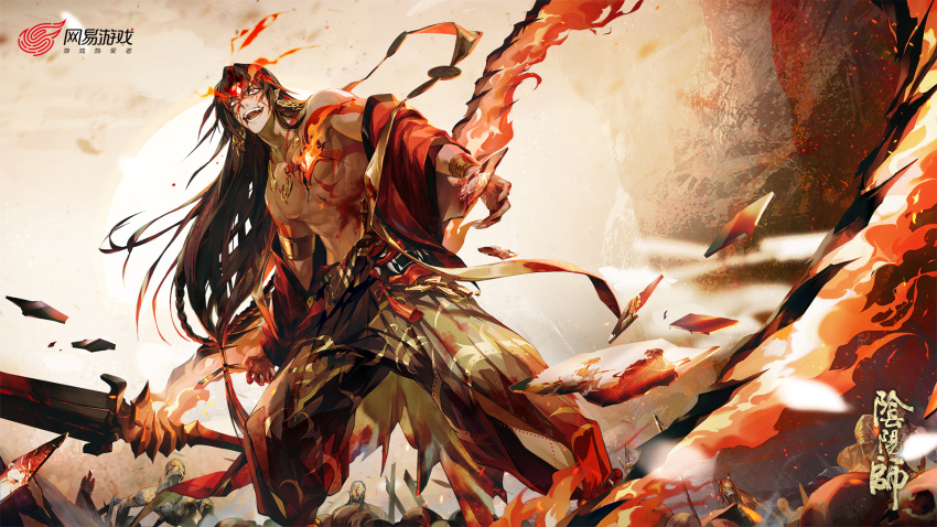 1boy abs arm_tattoo asura_(onmyoji) black_hair black_pants blood blood_from_mouth blood_on_face chest_tattoo chinese_clothes chinese_text clothes_pull copyright_name crazy_smile earrings fangs fighting_stance fire floating_hair from_below full_body grin haban_(haban35) highres jacket jacket_pull jewelry long_hair male_focus multicolored_hair o-ring_arm_strap onmyoji open_mouth pants parted_bangs pectorals red_hair red_jacket shoulder_tattoo smile solo streaked_hair sword tattoo teeth weapon