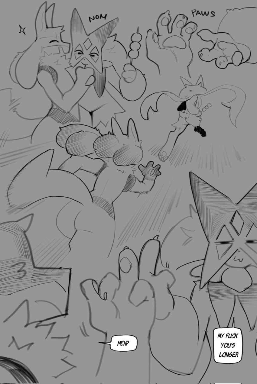 ambiguous_gender anthro biped butt dialogue duo eyes_closed fur generation_4_pokemon generation_9_pokemon hi_res lucario meowscarada monochrome nintendo open_mouth open_smile pawpads pokemon pokemon_(species) rear_view samu_(sincastermon) sincastermon smile tail vine_(sincastermon)