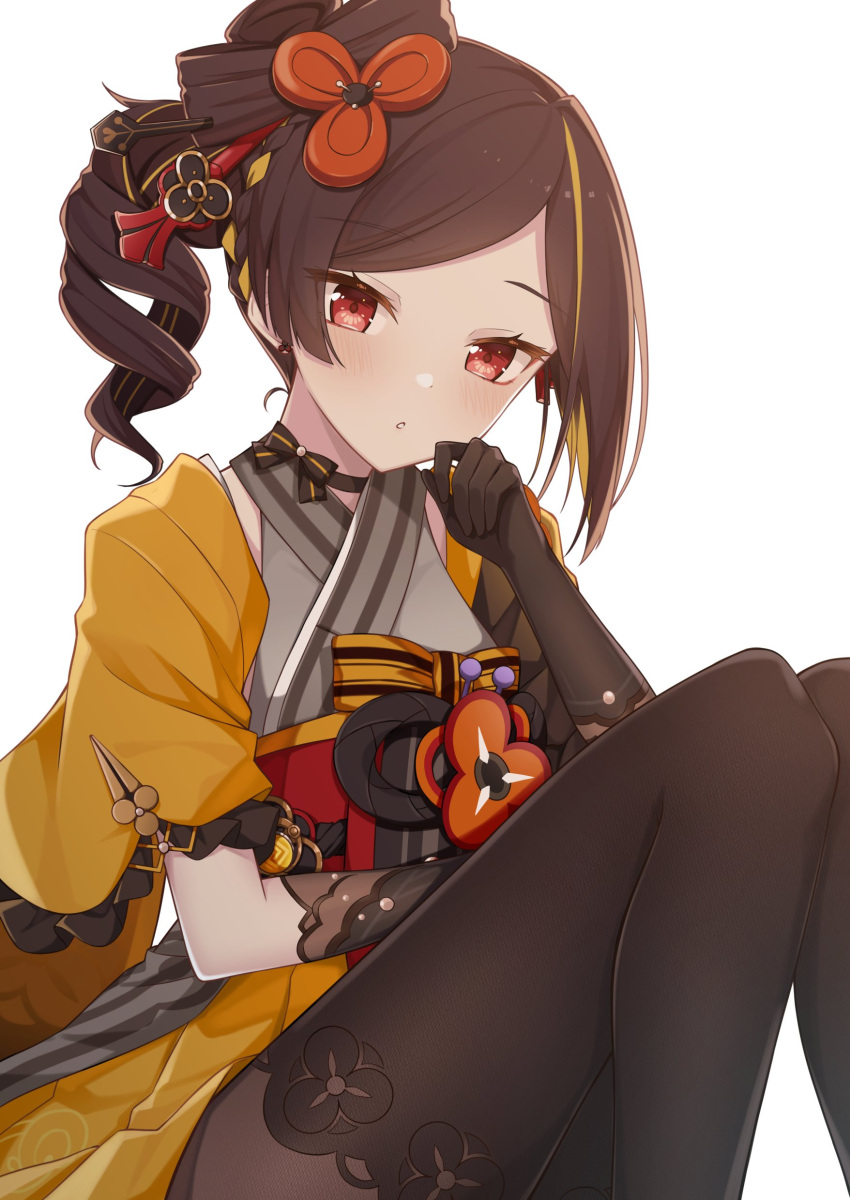 1girl absurdres asymmetrical_sidelocks black_gloves black_hair black_thighhighs blush chiori_(genshin_impact) commentary_request drill_hair drill_ponytail elbow_gloves gaiters genshin_impact gloves grey_kimono hair_ornament highres japanese_clothes kimono knees_up looking_at_viewer multicolored_hair obi obijime open_mouth orange_hair orange_kimono red_eyes red_sash sash short_kimono simple_background solo streaked_hair taiyaki_(astre) thighhigh_gaiters thighhighs white_background