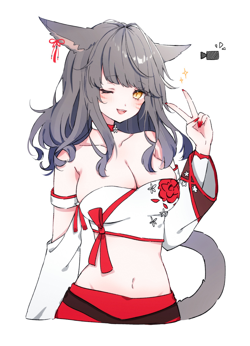 1girl absurdres animal_ears bandeau black_hair breasts cat_ears cat_tail choker cleavage cropped_torso detached_sleeves facial_mark final_fantasy final_fantasy_xiv highres large_breasts long_hair looking_at_viewer miqo'te navel one_eye_closed open_mouth sana_(sanamaru_0w0) slit_pupils solo strapless tail v whisker_markings white_background yellow_eyes