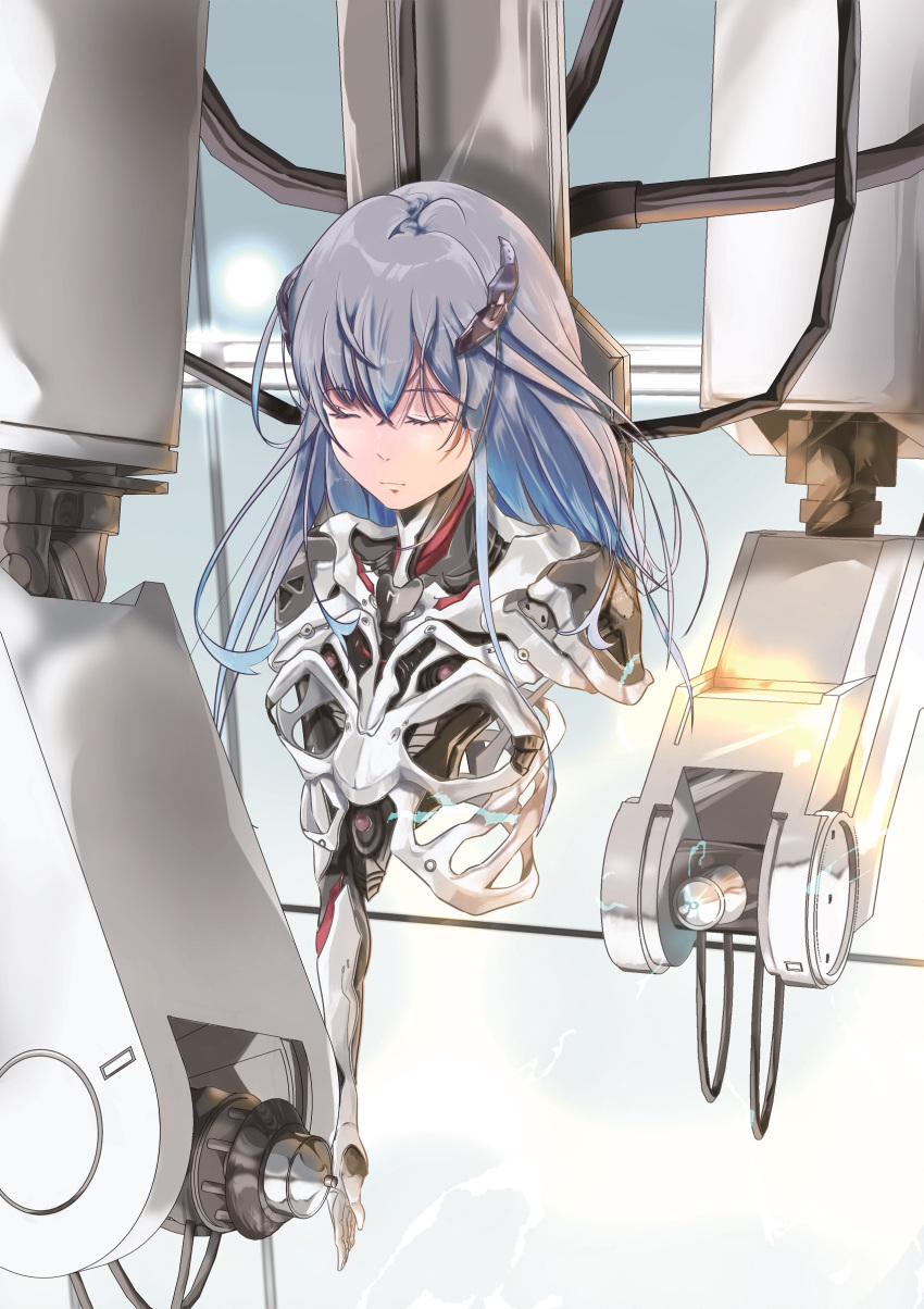 1girl absurdres android assembling beatless blue_hair breasts factory highres industrial joints leicia long_hair mecha mecha_musume mechanical_arms mechanical_parts no_humans non-humanoid_robot redesign robot robot_joints science_fiction skeleton solo uesugi_artbar