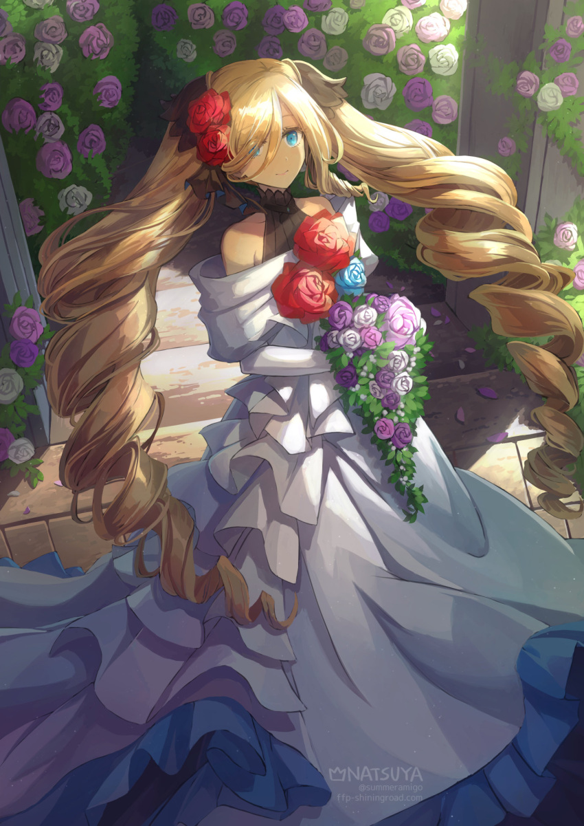 1girl artist_name black_shirt blonde_hair blood blue_eyes bouquet bush closed_mouth commentary dress drill_hair flower frilled_dress frills full_body hair_between_eyes hair_flower hair_ornament hair_over_one_eye highres holding holding_bouquet long_bangs long_dress long_hair looking_at_viewer natsuya_(kuttuki) nosebleed princess_meer purple_flower purple_rose ragnarok_online red_flower red_rose rose shirt sleeveless sleeveless_shirt smile solo turtleneck_shirt twin_drills very_long_hair web_address white_dress white_flower white_rose