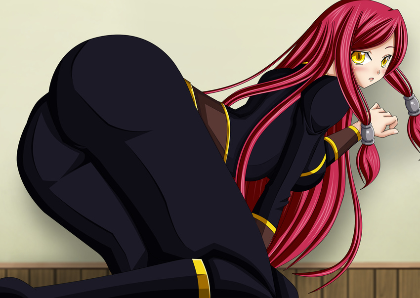 1girl against_wall alternate_color alternate_eye_color arc_system_works ass bent_over blazblue blue_eyes blush boots breasts gold_eyes hair_tubes highres large_breasts leaning leaning_forward long_hair looking_at_viewer open_mouth pants parted_lips red_hair seraphina sideboob tight_pants tsubaki_yayoi uniform very_long_hair yellow_eyes