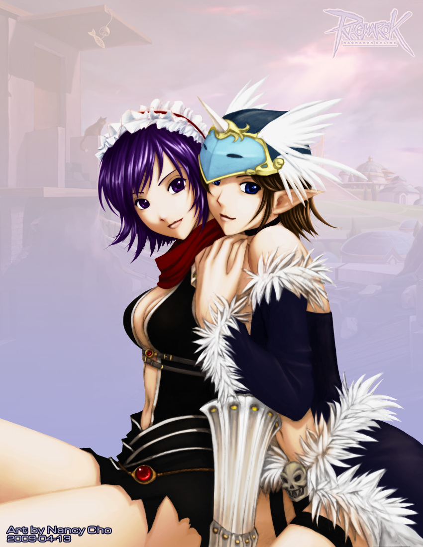 2girls absurdres artist_name assassin_cross_(ragnarok_online) black_gloves black_leotard blue_cape blue_eyes blue_sleeves breasts brown_hair cape cleavage closed_mouth commentary cowboy_shot dated detached_sleeves elbow_gloves english_commentary frilled_hairband frills fur-trimmed_cape fur-trimmed_sleeves fur_trim gloves hairband highres hug hug_from_behind leotard lips looking_at_viewer medium_bangs medium_breasts multiple_girls nancy_teeple navel photoshop_(medium) pointy_ears purple_eyes purple_hair ragnarok_online red_hairband red_scarf scarf short_hair sitting skull smile stalker_(ragnarok_online) vambraces visor_(armor) waist_cape winged_hat