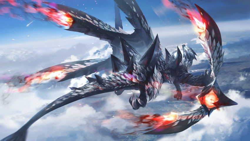 above_clouds animal_focus blue_eyes blue_sky claws cloud crimson_glow_valstrax day dragon fire flying from_above full_body glowing monster monster_hunter_(series) no_humans outdoors scales shooting_star sky solo spikes valstrax western_dragon wings xilan_tea