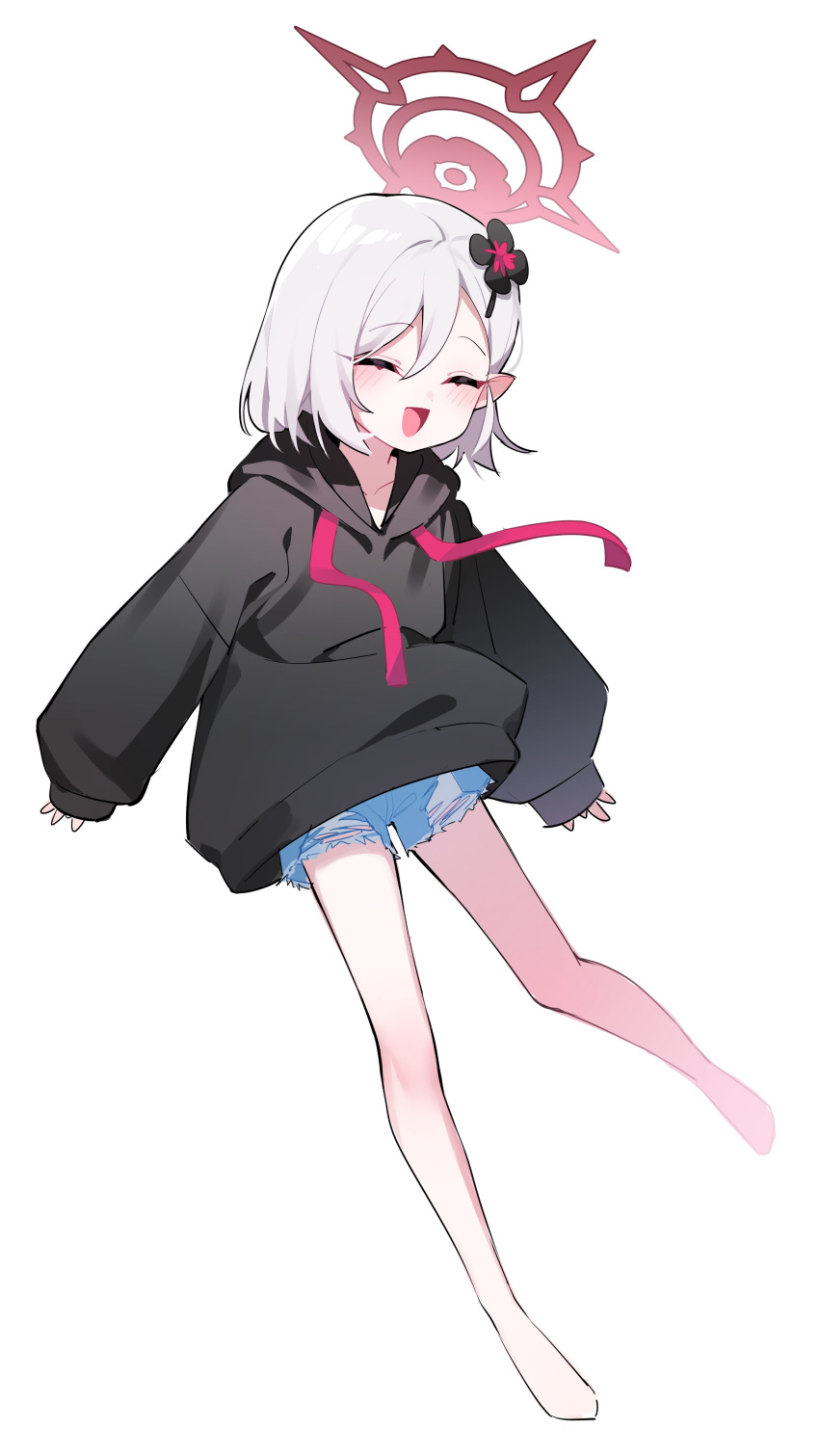 1girl absurdres alternate_hair_length alternate_hairstyle barefoot black_hoodie blue_archive blue_shorts blush closed_eyes full_body grey_hair halo highres honi_(honi1010) hood hood_down hoodie long_sleeves mutsuki_(blue_archive) open_mouth pointy_ears red_halo short_hair shorts simple_background smile solo white_background