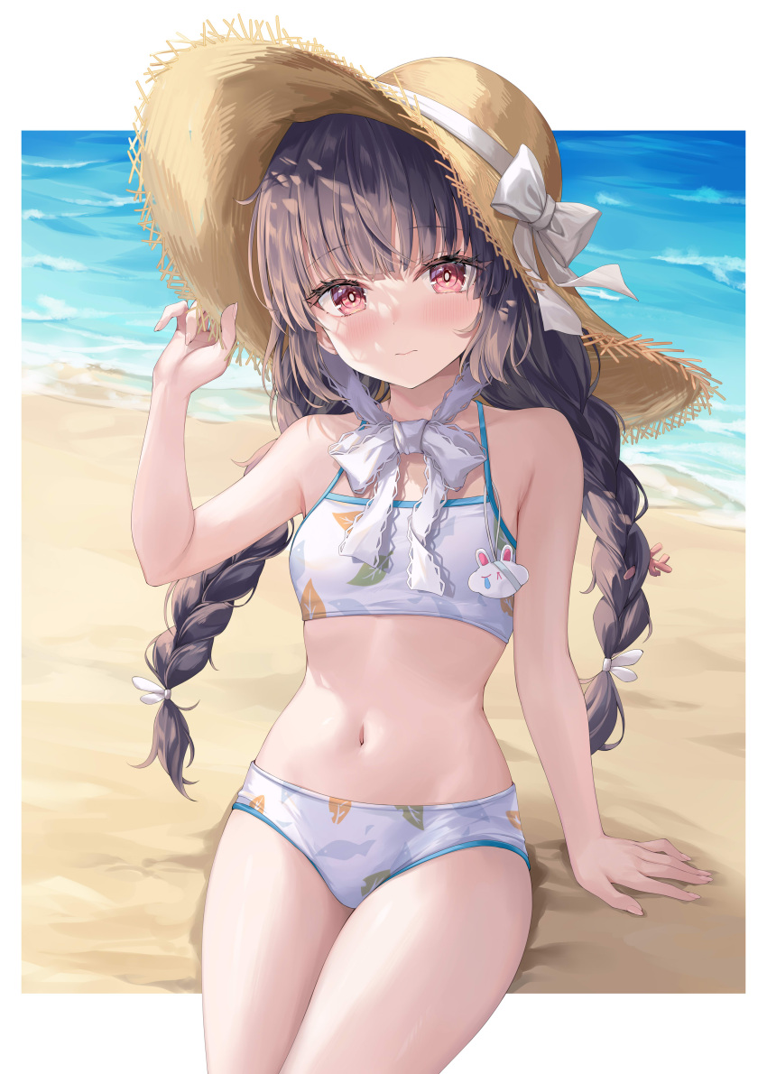 1girl absurdres bare_arms bare_legs bare_shoulders beach bikini black_hair blue_archive blush braid breasts closed_mouth collarbone grey_halo halo hat highres leaf_print long_hair looking_at_viewer miyu_(blue_archive) miyu_(swimsuit)_(blue_archive) ocean official_alternate_costume print_bikini red_eyes small_breasts solo straw_hat swimsuit twin_braids white_bikini zi_yue_liuli