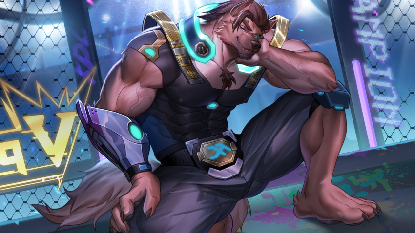 2024 5_fingers abs anthro brown_body brown_hair claws clothed clothing crouching fingers front_view fully_clothed glowing glowing_eyes hair hand_on_cheek hand_on_knee hand_on_leg hi_res littef looking_at_viewer male muscular muscular_male nipple_outline purple_eyes smile solo tight_clothing vein