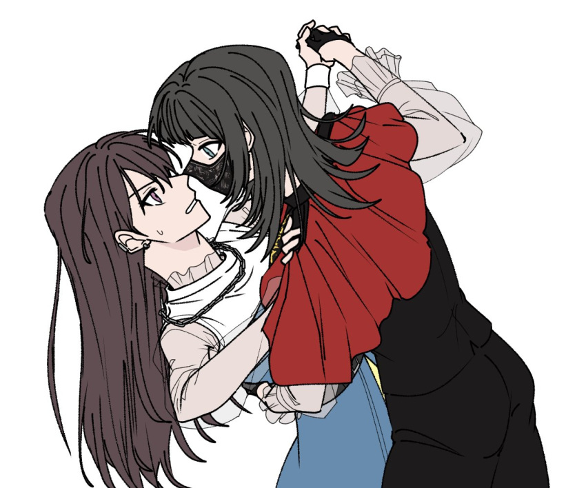 2girls a_jak bang_dream! bang_dream!_it's_mygo!!!!! black_hair black_pants black_shirt blue_eyes brown_hair capelet chain_necklace commentary_request dancing ear_piercing earclip eye_contact hand_on_another's_shoulder hand_on_another's_waist holding_hands jewelry korean_commentary long_hair looking_at_another multiple_girls necklace pants parted_lips piercing purple_eyes red_capelet shiina_taki shirt simple_background sweatdrop white_background yahata_umiri yuri