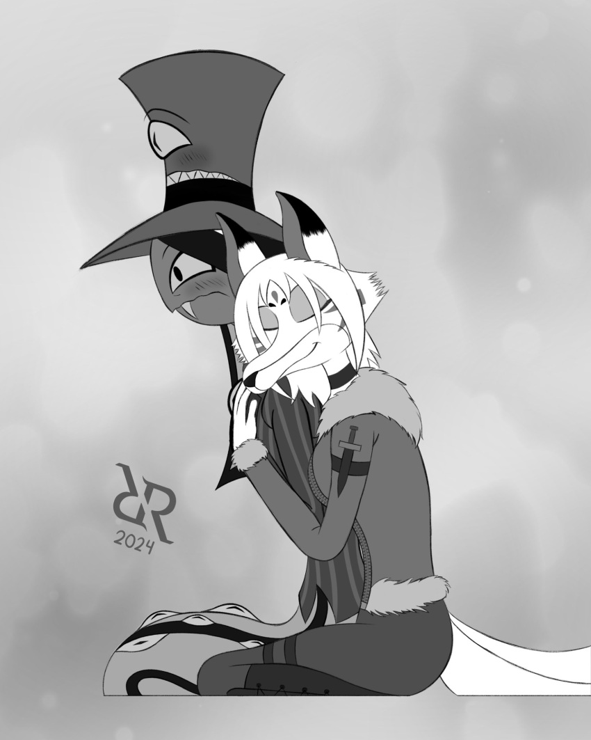 anthro blush canid canine clothed clothing demon duo embrace female fox greyscale hazbin_hotel hi_res hug hugging_from_behind humanoid male male/female mammal monochrome multi_eye reptile ricaudrios scalie sir_pentious'_hat sir_pentious_(hazbin_hotel) snake