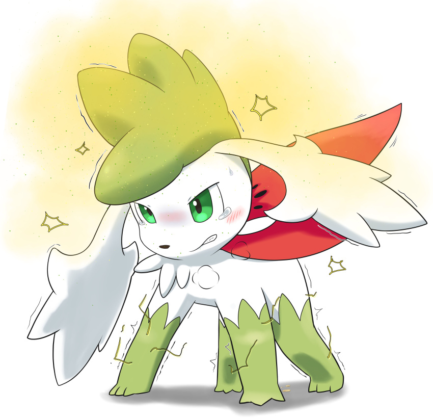 absurd_res ambiguous_gender anthro bodily_fluids covering covering_self electrostimulation embarrassed flaccid generation_4_pokemon genital_fluids genitals green_body green_eyes hi_res legendary_pokemon nintendo omorashi paralysis paralyzed patience peeing peeing_on_ground penis pokemon pokemon_(species) shaymin sky_forme_shaymin solo spores stun_spore tawa_1908 tears urine urine_on_ground watersports