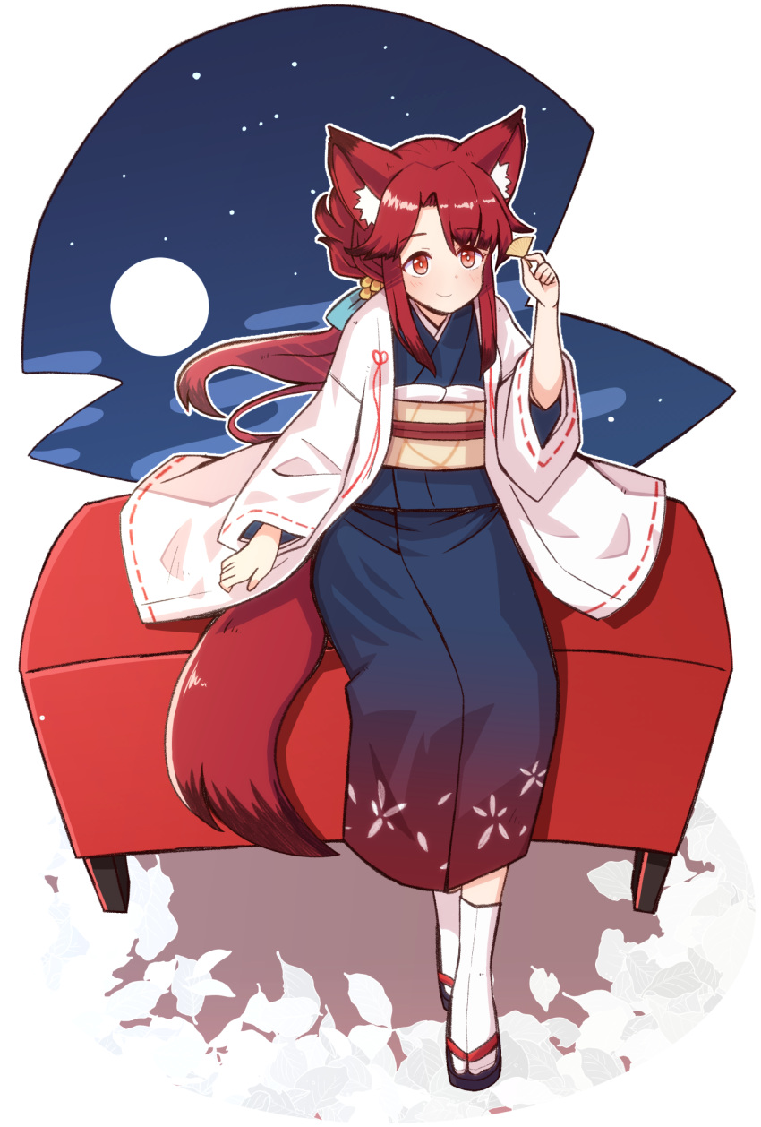 1girl animal_ears blue_kimono closed_mouth cloud commentary_request couch floral_print fox_ears fox_girl fox_tail full_body full_moon geta haori highres jacket japanese_clothes kimono light_blush long_hair moon night night_sky obi original ponytail red_eyes red_hair red_ribbon red_tail ribbon sash sitting sky smile solo star_(sky) tabi tail white_background white_jacket yukinagi