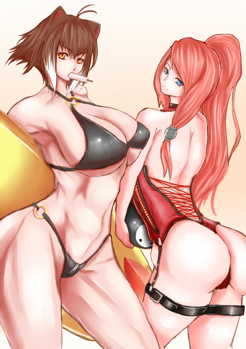 animal_ears antenna_hair arakune ass bare_shoulders bikini blazblue blue_eyes breasts brown_eyes brown_hair cameo contrapposto cowboy_shot crotch_zipper food highres huge_breasts lace-up makoto_nanaya multicolored_hair multiple_girls no_tail nontan_(nontanexx) one-piece_swimsuit ponytail popsicle red_hair short_hair squirrel_ears standing swimsuit tail thick_thighs thigh_strap thighs tsubaki_yayoi two-tone_hair underboob white_hair zipper