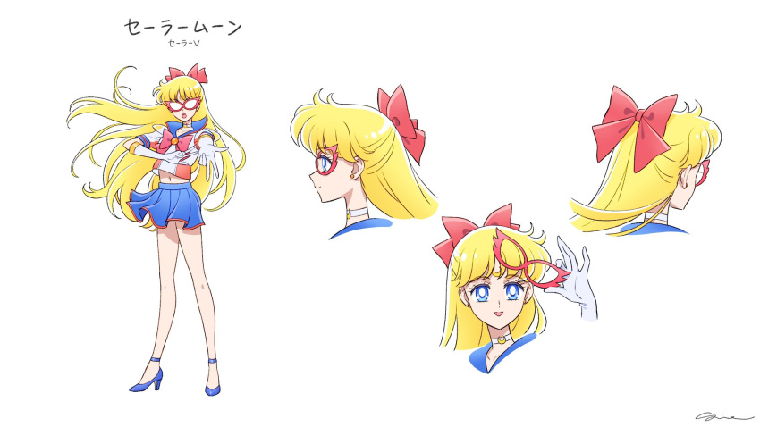 1girl aino_minako bishoujo_senshi_sailor_moon blonde_hair blue_eyes blue_footwear blue_sailor_collar blue_skirt bow bowtie choker codename_wa_sailor_v commentary crescent crescent_choker crescent_facial_mark domino_mask ear_piercing english_commentary facial_mark from_behind from_side full_body hair_bow high_heels highres long_hair mask midriff multiple_views navel open_mouth piercing profile red_bow red_bowtie reference_sheet sailor_collar sailor_v sidney_deng simple_background skirt standing upper_body white_background white_choker