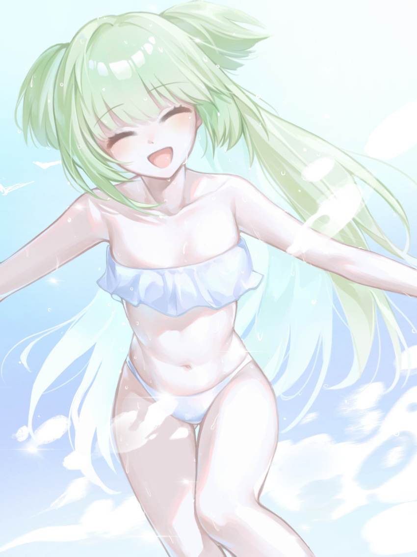1girl :d ^_^ absurdres ass_visible_through_thighs bare_shoulders bikini blue_sky blunt_bangs blunt_ends blush breasts chinese_commentary cleavage closed_eyes collarbone commentary curvy day facing_viewer feet_out_of_frame floating_hair green_hair happy highres hime_cut liu_ycl long_hair murasame_(senren) navel open_mouth outdoors outstretched_arms senren_banka sidelocks sky small_breasts smile sparkle standing stomach straight_hair swimsuit thigh_gap thighs two_side_up very_long_hair water_drop wet white_bikini