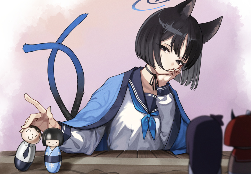 1girl animal_ears black_eyes black_hair black_nails blue_archive blue_neckerchief blurry blurry_foreground breasts cat_ears cat_tail character_doll choker doodle_sensei_(blue_archive) halo haori head_rest highres jacket jacket_on_shoulders japanese_clothes kikyou_(blue_archive) long_sleeves multiple_tails neckerchief renge_(blue_archive) ribbon_choker sailor_collar sensei_(blue_archive) shirt short_hair small_breasts solo table tail upper_body white_shirt yakupan yukari_(blue_archive)