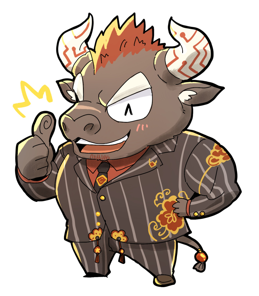 1boy ^^^ ^_^ animal_ears bara black_necktie blush brown_fur chibi closed_eyes collared_shirt cow_ears cow_horns cow_tail facial_hair full_body furry furry_male goatee gyumao_(housamo) highres horns male_focus mature_male minotaur mohawk muscular muscular_male necktie open_mouth red_hair red_shirt scar scar_on_face scar_on_nose shirt short_hair simple_background smile solo striped_clothes striped_vest stubble tail thick_eyebrows thumbs_up tokyo_afterschool_summoners vertical-striped_clothes vertical-striped_vest vest white_background yakiemon