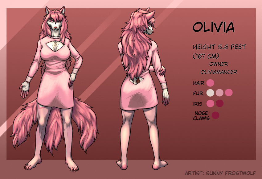 absurd_res anthro big_breasts big_butt breasts butt canid canine claws clothed clothing colored dress english_text female fox hair hi_res long_hair mammal model_sheet multi_tail olivia_(oliviamancer) pink_body pink_hair smile solo sunny_frostwolf tail text trans_(lore) trans_woman_(lore) white_body