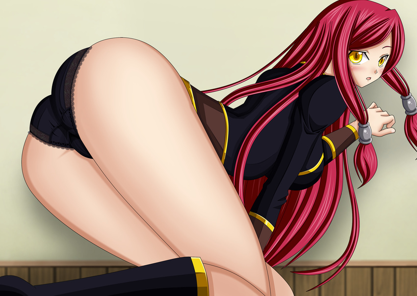 1girl against_wall alternate_color alternate_eye_color arc_system_works ass bent_over blazblue blue_eyes blush boots breasts gold_eyes hair_tubes highres large_breasts leaning leaning_forward long_hair looking_at_viewer no_pants open_mouth panties parted_lips red_hair seraphina sideboob tsubaki_yayoi underwear uniform very_long_hair yellow_eyes