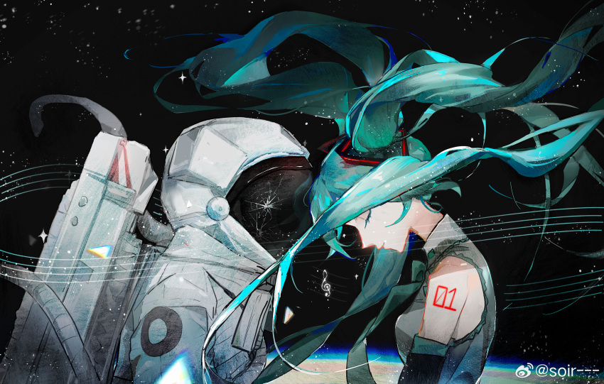 1girl 1other ambiguous_gender aqua_hair aqua_necktie arm_tattoo astronaut bare_shoulders closed_eyes collared_shirt crack cracked_helmet floating_hair forehead-to-forehead from_side grey_shirt hatsune_miku heads_together helmet highres light_smile long_hair necktie niutoutou number_tattoo profile shirt sky sleeveless sleeveless_shirt space space_helmet spacesuit staff_(music) star_(sky) starry_sky tattoo twintails upper_body vocaloid weibo_logo weibo_username