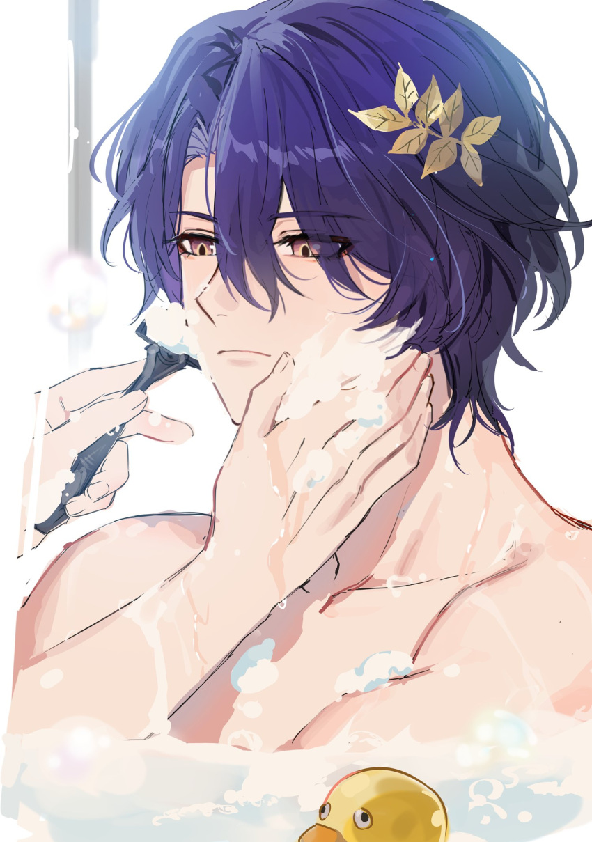 bath blue_hair closed_mouth dr._ratio_(honkai:_star_rail) fractalmagnolia hair_between_eyes hair_ornament highres honkai:_star_rail honkai_(series) male_focus out_of_frame pov pov_hands rubber_duck shaving short_hair solo_focus water