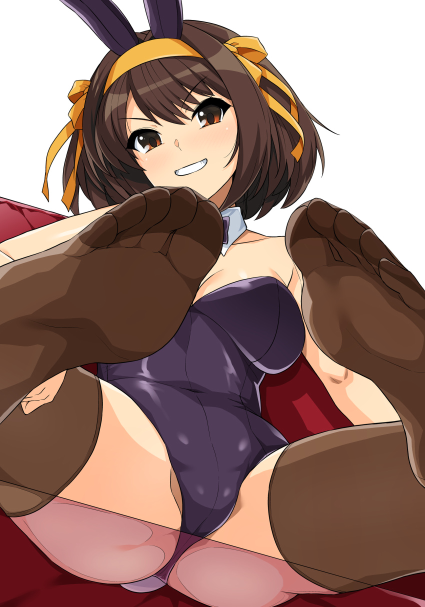 1girl absurdres animal_ears black_leotard black_thighhighs bow bowtie breasts brown_eyes brown_hair detached_collar fake_animal_ears feet grin haruhisky highres large_breasts leotard looking_at_viewer official_alternate_costume playboy_bunny rabbit_ears ribbon sitting smile soles solo strapless strapless_leotard suzumiya_haruhi suzumiya_haruhi_no_yuuutsu teeth thighhighs wrist_cuffs yellow_ribbon