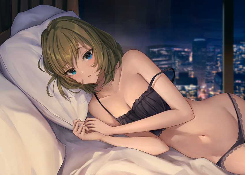 1girl black_bra black_panties blush bra breasts cleavage collarbone green_hair highres idolmaster idolmaster_cinderella_girls indoors looking_at_viewer lying medium_breasts mole mole_under_eye navel nyome991 on_side panties solo stomach strap_slip takagaki_kaede underwear underwear_only