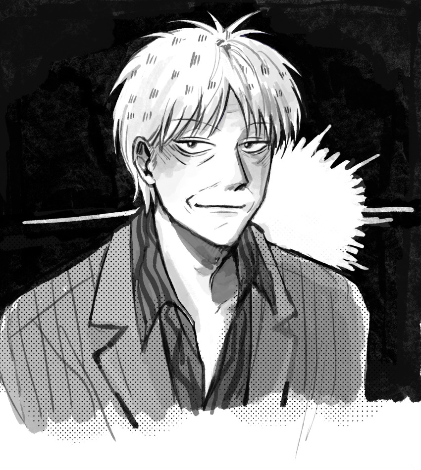 1boy akagi_shigeru animal_print blazer closed_mouth collared_shirt commentary_request fukumoto_mahjong greyscale highres jacket looking_at_viewer male_focus medium_bangs monochrome newtype_flash old old_man print_shirt shirt short_hair smile solo striped_clothes striped_jacket suit ten_(manga) tiger_print upper_body vertical-striped_clothes vertical-striped_jacket wrinkled_skin yannchann