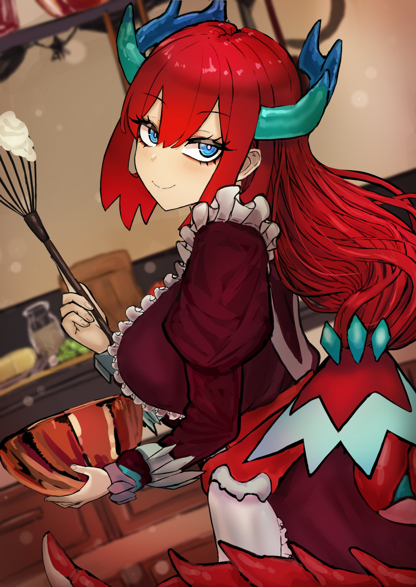 1girl absurdres adeshi_(adeshi0693119) apron blue_eyes breasts cooking cooking_pot dragon_girl dragon_horns dragon_tail dress duel_monster highres holding holding_ladle horns kitchen kitchen_dragonmaid ladle large_breasts long_hair long_sleeves looking_at_viewer maid maid_apron puffy_sleeves red_hair tail yu-gi-oh!