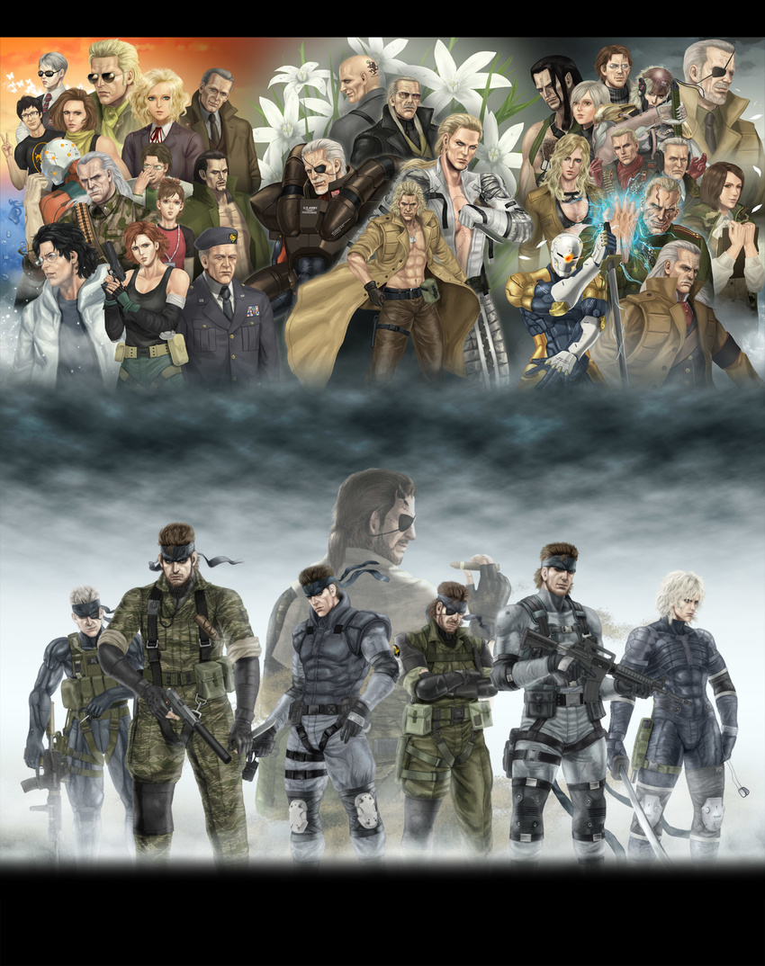 6+girls amanda_valenciano_libre assault_rifle big_boss cyborg cyborg_ninja emma_emmerich eva_(mgs) everyone flower frank_jaeger gray_fox gun hal_emmerich handgun headband highres holster hot_coldman huey_(metal_gear) kazuhira_miller kojima_hideo lily_(flower) liquid_snake load_bearing_equipment load_bearing_vest m1911 m4_carbine major_zero meryl_silverburgh metal_gear_(series) metal_gear_solid metal_gear_solid_2 metal_gear_solid_3 metal_gear_solid_4 metal_gear_solid_peace_walker metal_gear_solid_v multiple_boys multiple_girls multiple_persona naked_snake ninja old_snake para-medic_(mgs3) paz_ortega_andrade raiden ramon_galvez_mena revolver_ocelot rifle roy_campbell sneaking_suit solid_snake solidus_snake spie_harness stabo_harness strangelove sunny_gurlukovich suppressor tera_(no_reason) the_boss thigh_holster tigerstripe_(camo) vamp venom_snake weapon yevgeny_borisovitch_volgin