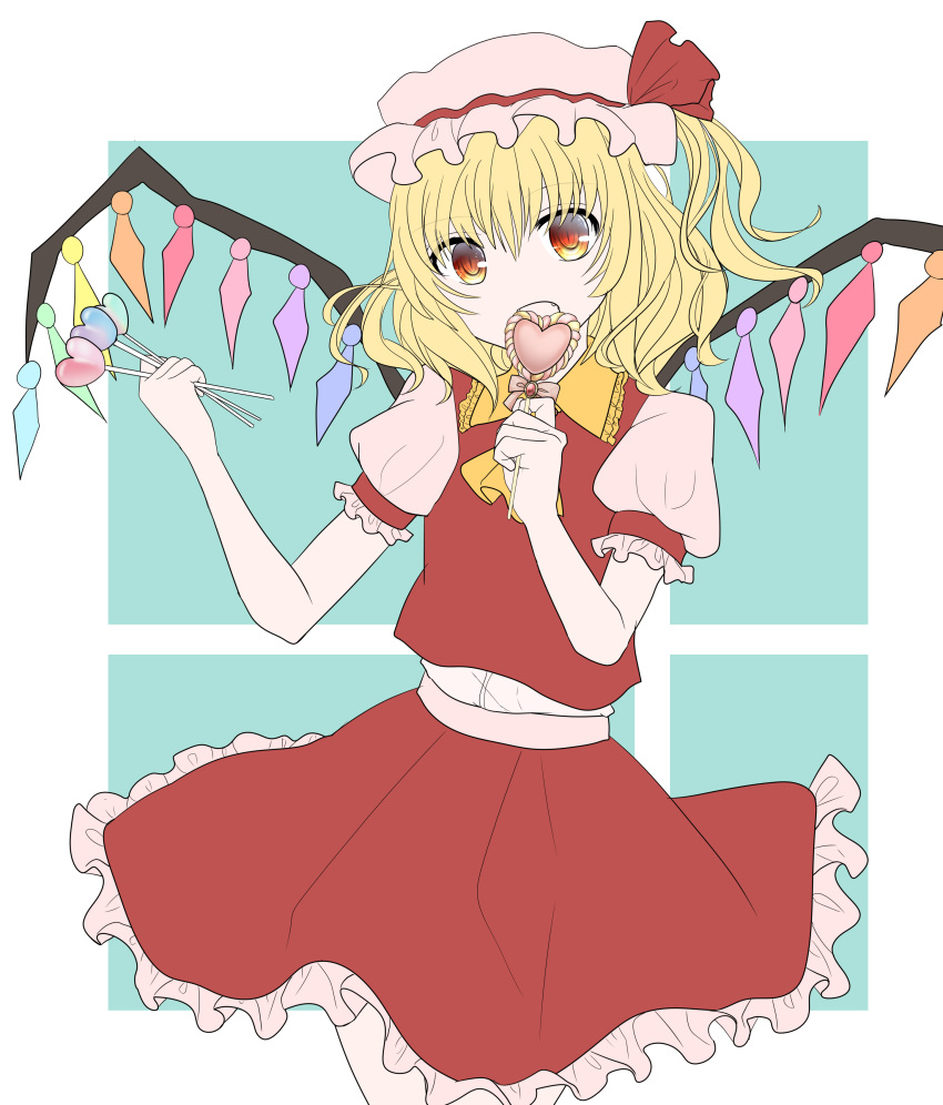 1girl absurdres ascot blonde_hair candy candy_heart cowboy_shot crystal_wings dress flandre_scarlet food frilled_dress frills hat highres holding holding_candy holding_food jiujiu1115 mob_cap puffy_short_sleeves puffy_sleeves red_eyes short_sleeves side_ponytail solo touhou yellow_ascot