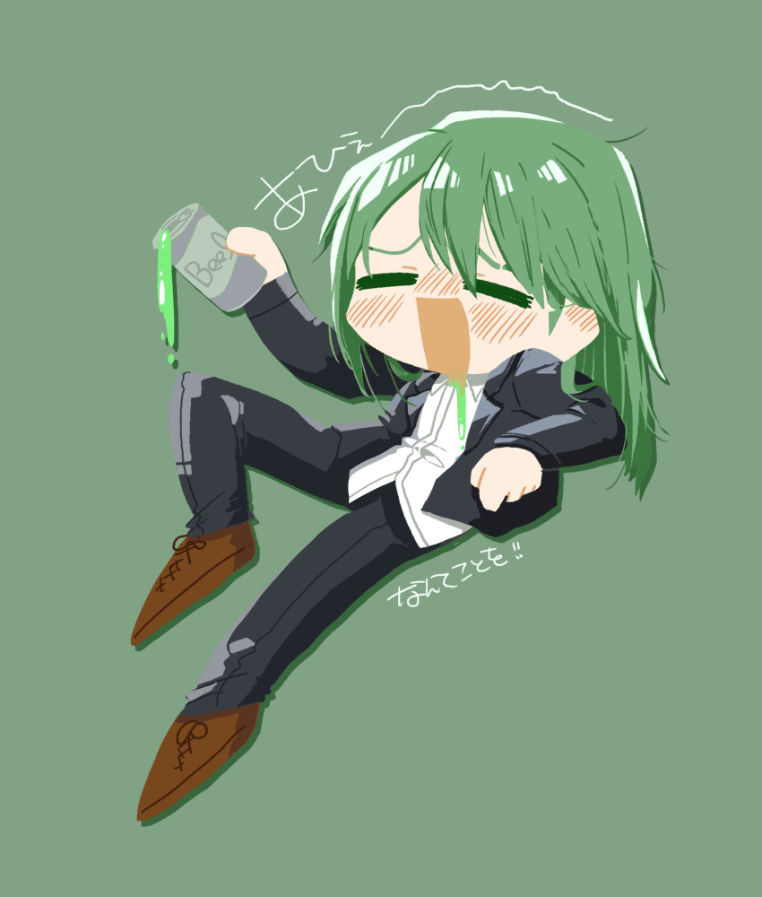 1boy black_jacket black_pants blush brown_footwear can closed_eyes collared_shirt enkephalin_(project_moon) full_body green_background green_hair highres holding holding_can jacket lobotomy_corporation nantekottawo!! netzach_(project_moon) open_mouth pants project_moon shirt shoes smile solo white_shirt