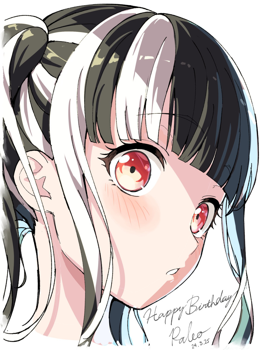 1girl absurdres bang_dream! black_hair blunt_bangs character_name close-up commentary cropped_head dated from_side happy_birthday highres light_blush long_hair looking_at_viewer multicolored_hair nobusawa_osamu nyubara_reona parted_lips red_eyes sidelocks simple_background solo twintails two-tone_hair white_background white_hair