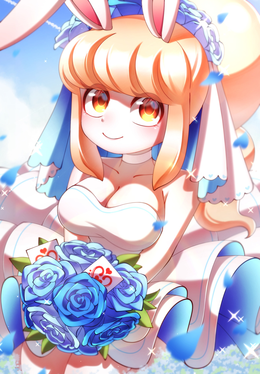 1girl animal_ears bare_shoulders blonde_hair blue_flower blue_rose bouquet breasts bridal_veil choker cleavage dress flower high_ponytail highres large_breasts long_hair looking_at_viewer orange_eyes pipiko. rabbit_ears rabbit_girl rose smile snowrabby solo veil wedding_dress youkai_(youkai_watch) youkai_watch youkai_watch_3