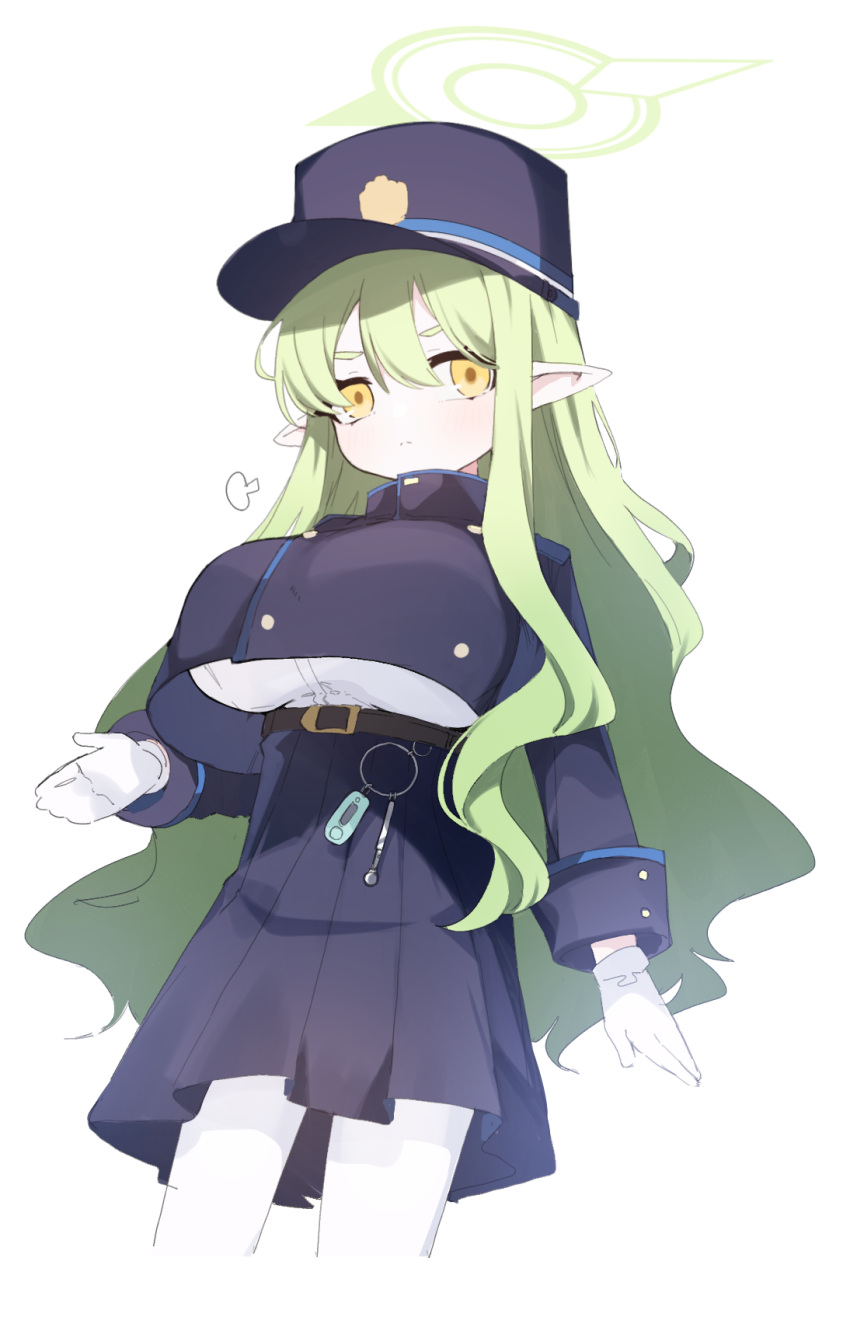 1girl alternate_breast_size black_hat black_shirt black_skirt blue_archive blush breasts closed_mouth cowboy_shot cropped_legs gloves green_hair green_halo hair_between_eyes halo hat highres large_breasts long_hair long_sleeves pantyhose peaked_cap pleated_skirt pointy_ears retri shirt simple_background skirt solo white_background white_gloves white_pantyhose yellow_eyes