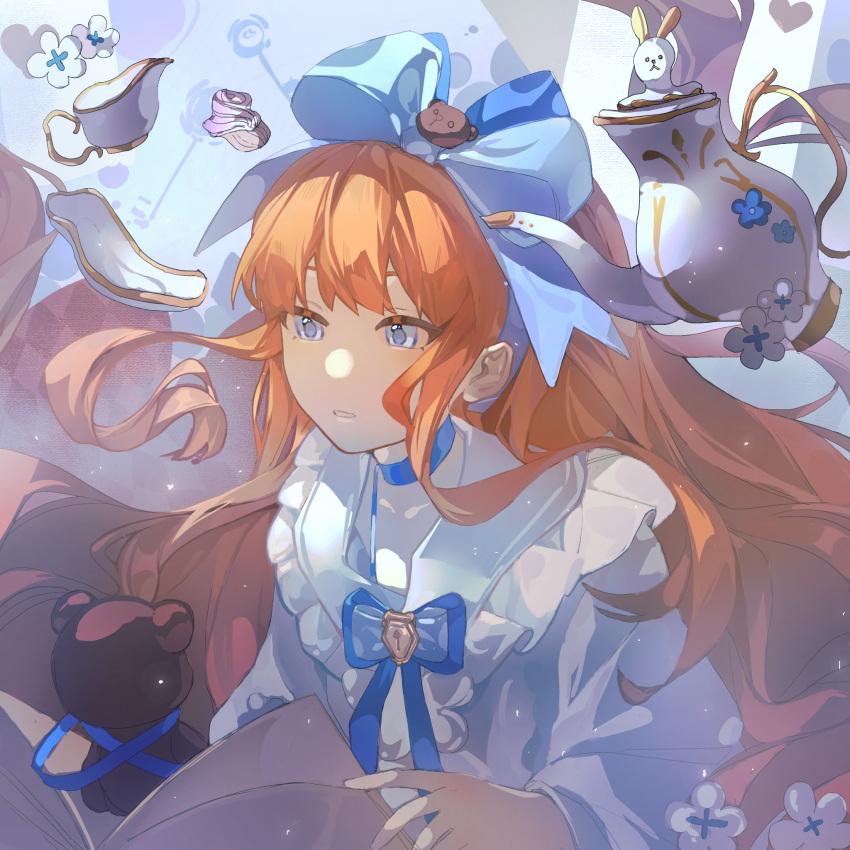 1girl baby_blue blue_background blue_bow blue_bowtie blue_choker blue_eyes book bow bowtie chelizi_(weibo_5986313927) choker cup floating_hair flower fur_collar hair_bow highres holding holding_book long_hair long_sleeves looking_ahead open_book orange_hair parted_lips plate puffy_long_sleeves puffy_sleeves reverse:1999 shirt solo stuffed_animal stuffed_toy teacup teapot teddy_bear upper_body white_flower white_shirt
