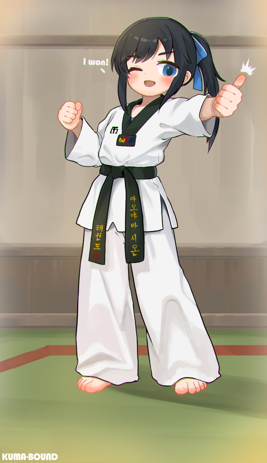 1girl :d artist_name barefoot belt black_belt black_hair blue_bow blue_eyes bow chinese_commentary clenched_hand commentary_request commission dougi english_text fang full_body hair_bow highres indoors kuma-bound martial_arts_belt medium_hair one_eye_closed open_mouth original pants pixiv_commission ponytail smile solo standing thumbs_up toes translation_request white_pants