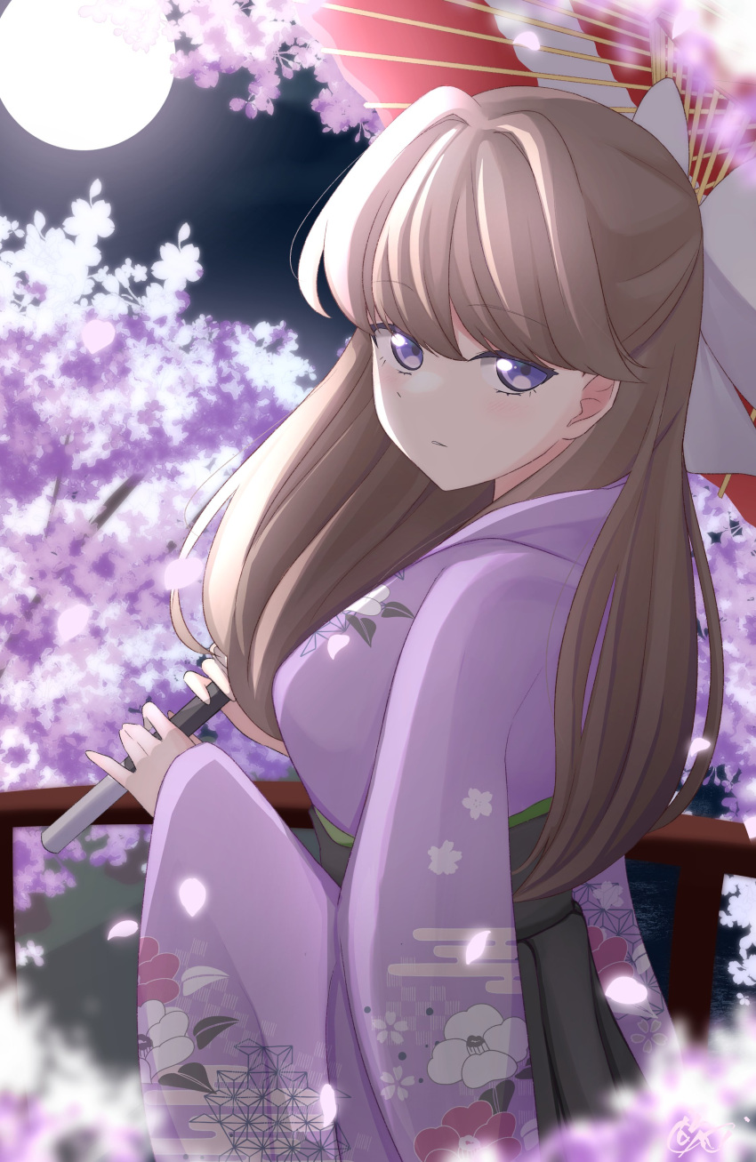 1girl absurdres blurry blurry_foreground bow breasts brown_hair cherry_blossoms commentary floral_print floral_print_kimono from_behind fujishima_megumi hair_bow half-closed_eyes half_updo highres holding holding_umbrella japanese_clothes kimono large_breasts link!_like!_love_live! long_hair long_sleeves looking_at_viewer looking_back love_live! moon night oil-paper_umbrella parted_lips purple_eyes purple_kimono solo symbol-only_commentary tsubuan_(in_taiyaki) umbrella upper_body white_bow wide_sleeves