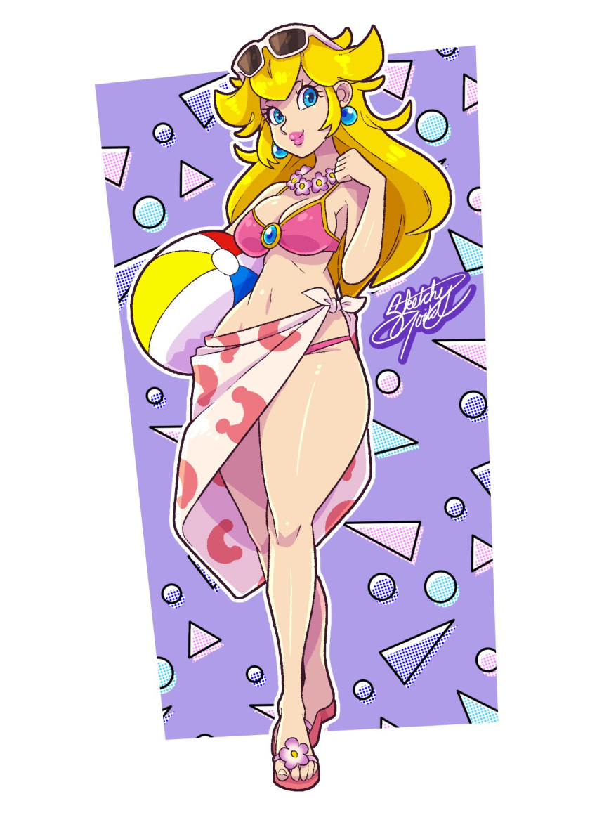 1girl ball beachball bikini blonde_hair blue_eyes breasts crystal_earrings earrings highres jewelry lipstick makeup mario_(series) medium_breasts navel pink_bikini pink_lips princess_peach sandals sketchytodd sunglasses swimsuit