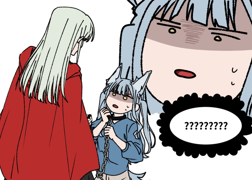 2girls ? a_jak animal_ears bang_dream! bang_dream!_it's_mygo!!!!! blue_hair cape chain chain_leash collar commentary_request green_hair hood hood_down hooded_coat kemonomimi_mode korean_commentary leash long_hair long_sleeves multiple_girls parted_lips red_cape spoken_question_mark tail togawa_sakiko two_side_up wakaba_mutsumi wolf_ears wolf_girl wolf_tail yellow_eyes