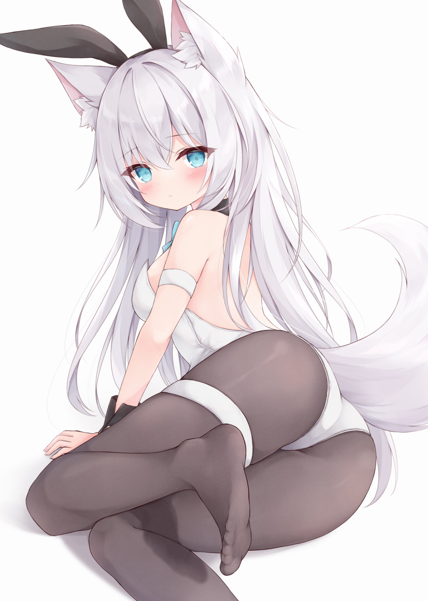 1girl animal_ear_fluff animal_ears ass bare_shoulders black_pantyhose blue_eyes blush breasts detached_collar dog_ears dog_girl dog_tail expressionless fake_animal_ears feet from_behind highres legs leotard long_hair looking_at_viewer looking_back lying mochizuki_riku no_shoes on_side original pantyhose playboy_bunny rabbit_ears sideboob soles solo strapless strapless_leotard tail thigh_strap thighs toes white_hair white_leotard