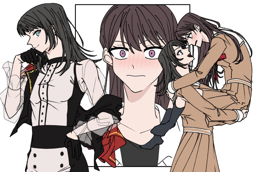 2girls a_jak bang_dream! bang_dream!_it's_mygo!!!!! black_gloves black_hair black_shirt blue_eyes blush brown_dress brown_hair carrying carrying_person closed_mouth collared_shirt commentary_request dress gloves korean_commentary long_hair long_sleeves mole mole_under_eye multiple_girls neck_ribbon one_eye_closed open_mouth pleated_skirt purple_eyes red_ribbon ribbon school_uniform see-through see-through_sleeves shiina_taki shirt simple_background skirt smile white_background white_dress white_shirt yahata_umiri yuri